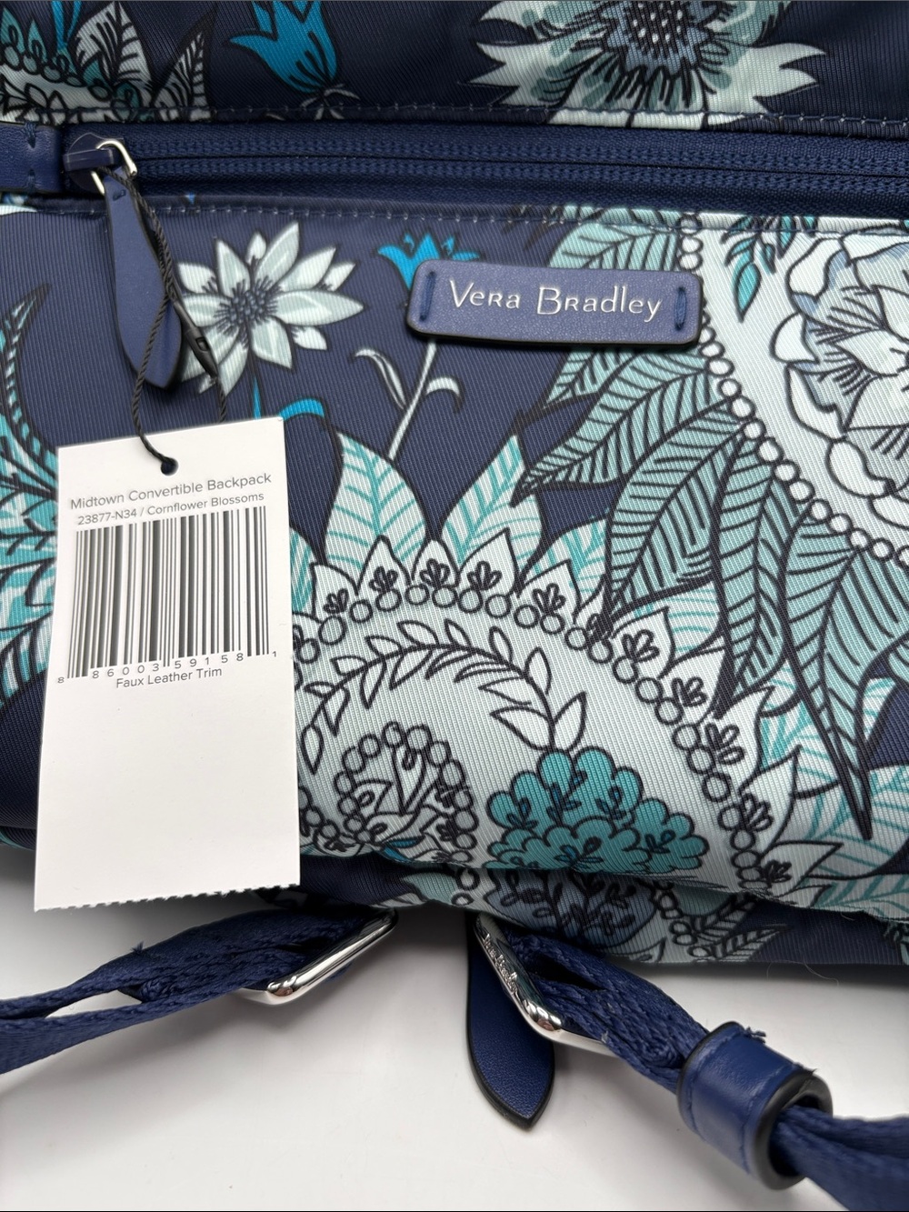 Vera Bradley Midtown Convertable Navy Teal Floral Paisley Backpack - Picture 2 of 5